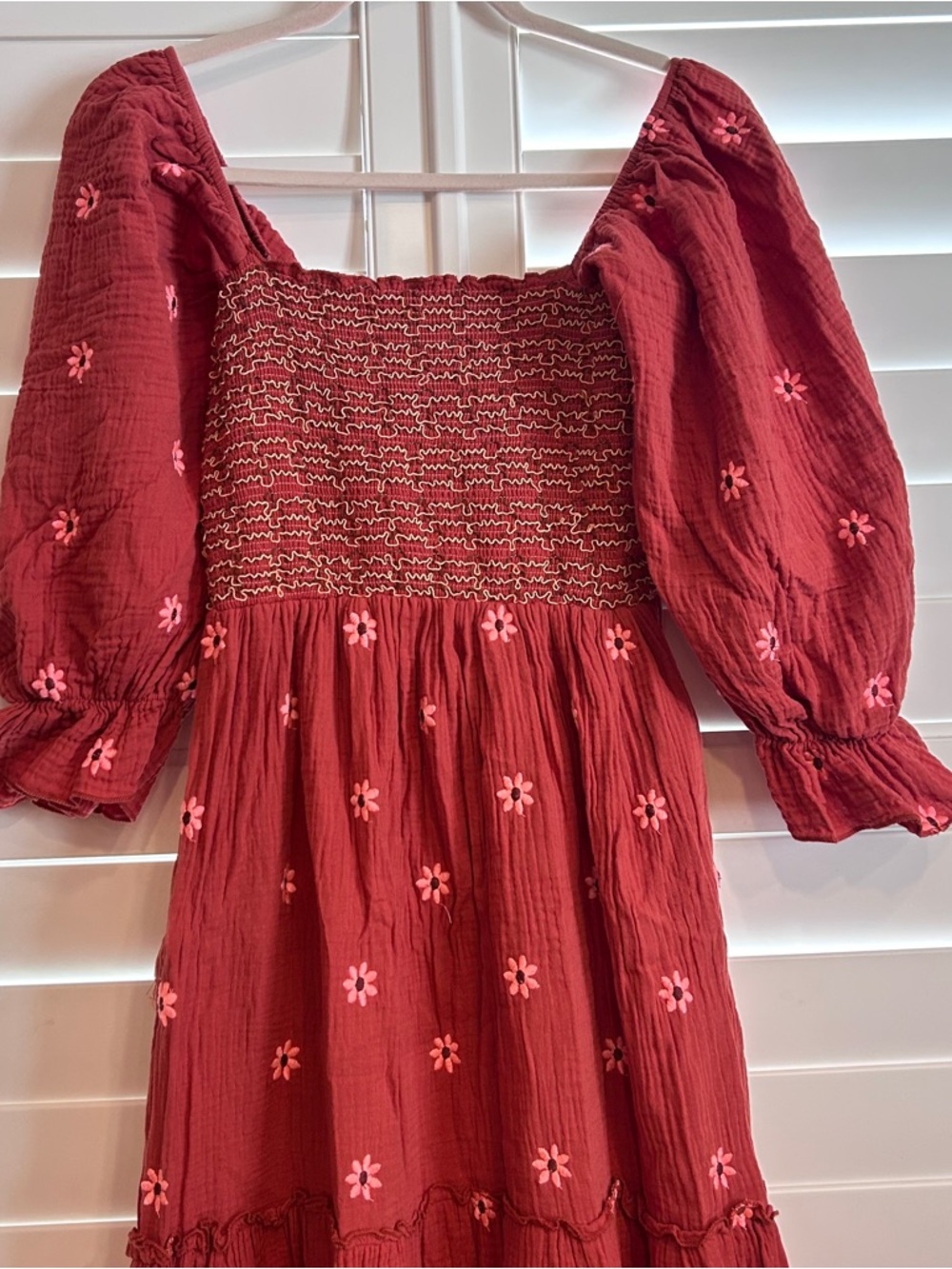 Smocked Long Sleeved Embroidered Midi Dress Rust Peach Size Small - Picture 2 of 4